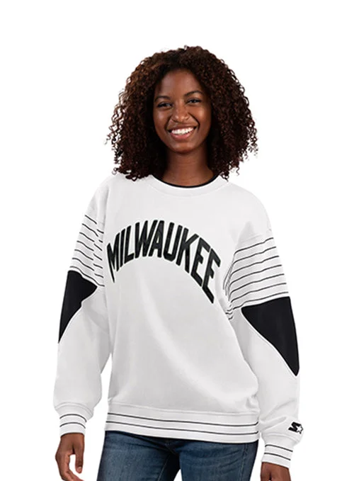 Women's Starter On The Ball White Milwaukee Bucks Crewneck Sweatshirt