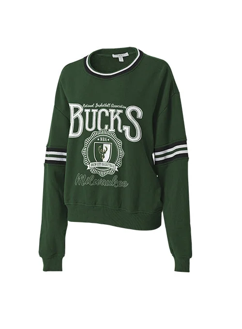 Women's Wear By Erin Andrews Retro French Terry Green Milwaukee Bucks Crewneck Sweatshirt