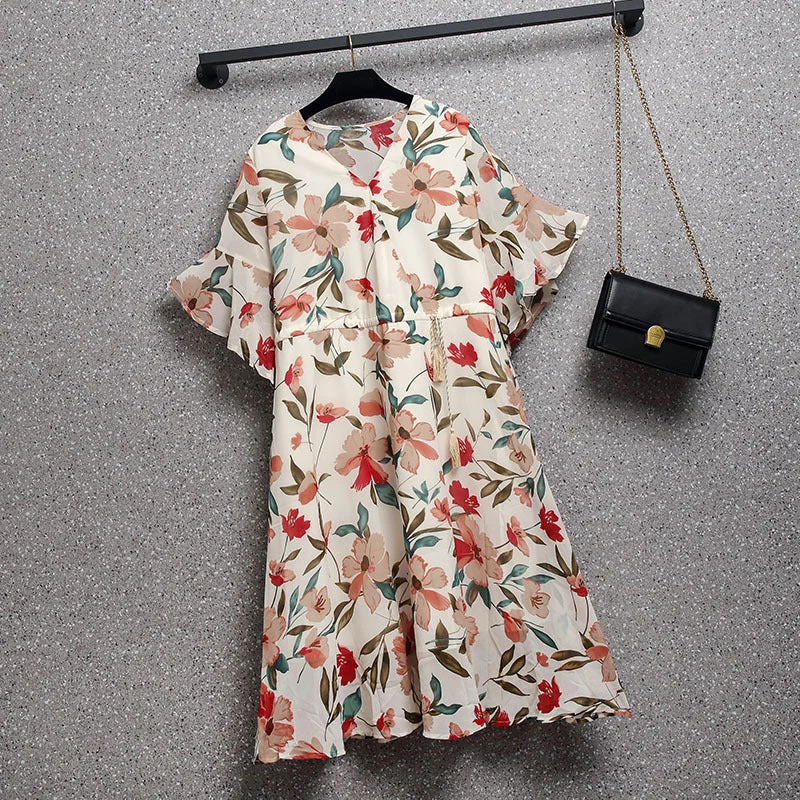 Plus Size Floral Chiffon Bell Sleeve Dress