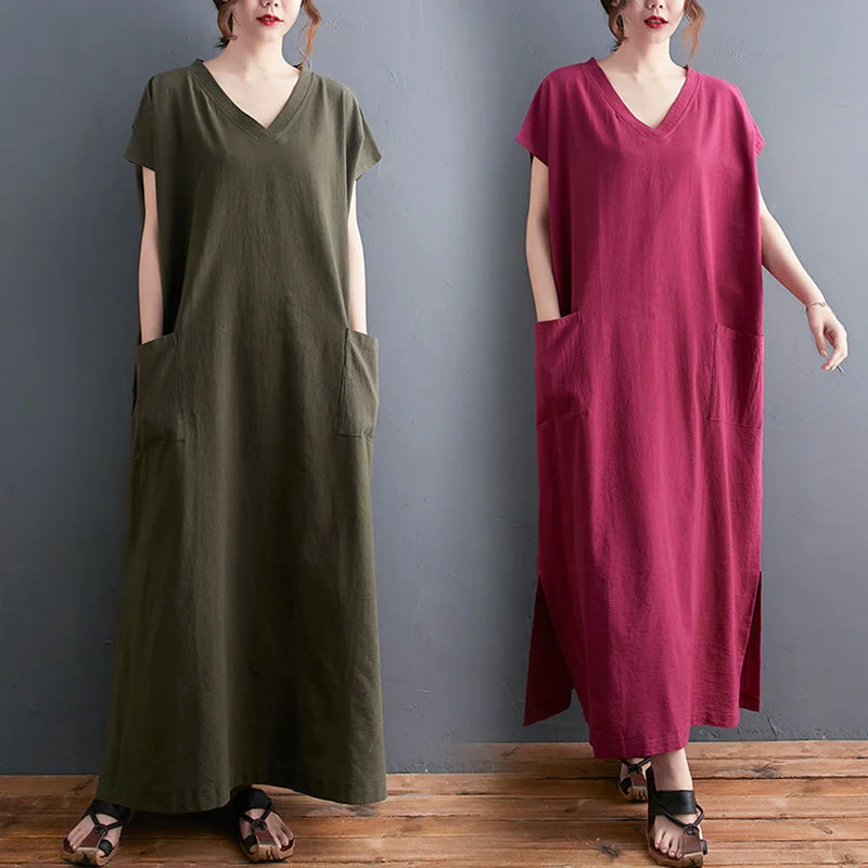 Plus Size V Neck Pockets Maxi Dress