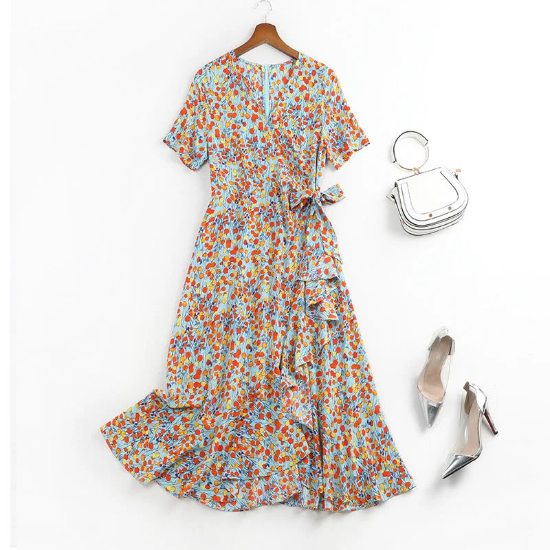 Plus Size Blue Floral Wrap Short Sleeve Midi Dress