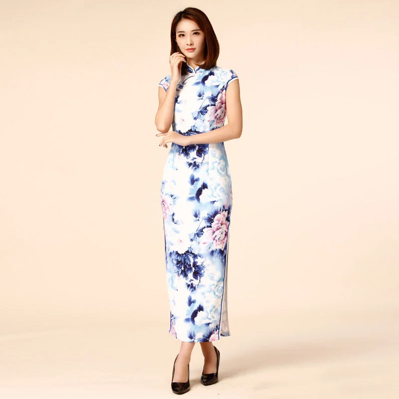 Plus size watercolour peonies floral cheongsam maxi dress