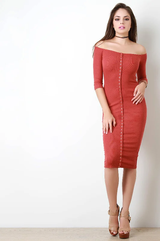 Off The Shoulder Snap Front Rib Knit Bodycon Midi Dress