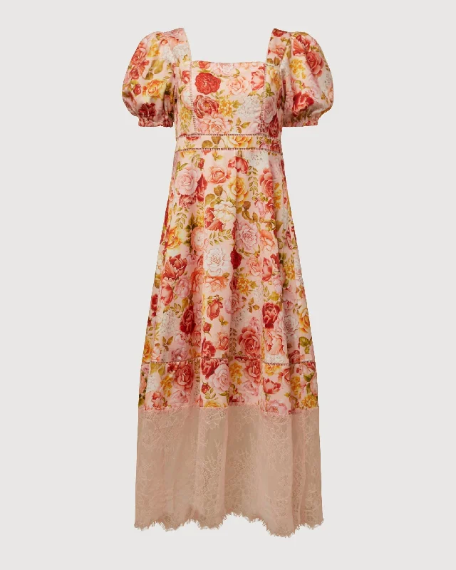 Rachel Parcell | Puff Sleeve Lace Trim Midi Dress | Peach Blush Floral Multi