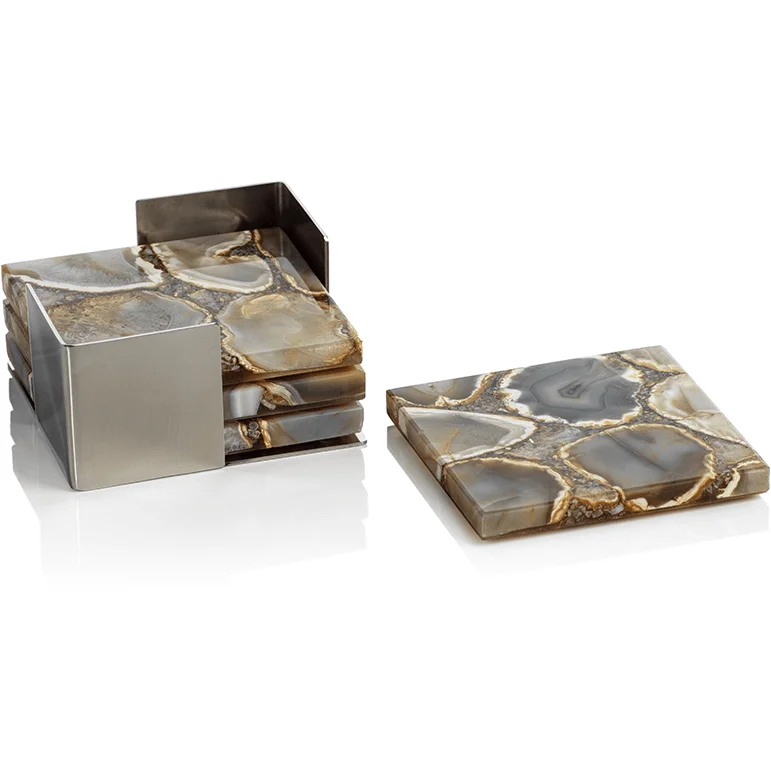 Corfu 4-Piece Set Agate Coasters on Metal Tray