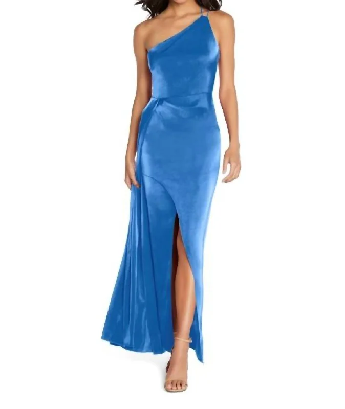 One Shoulder Draped Gown In Dazzling Ocean