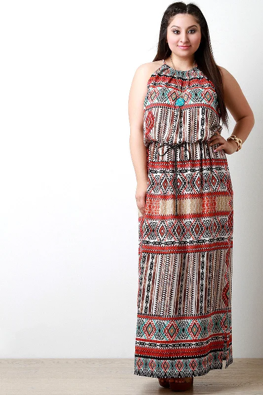 Woven Boho Print Halter Belted Maxi Dress