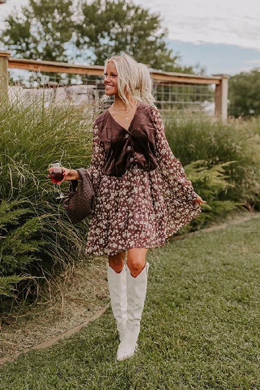 Uptown Cafe Floral Mini Dress in Chestnut