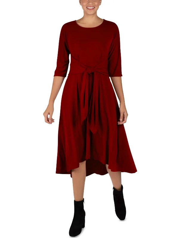 Womens Elbow Sleeve Hi-Low Midi Dress