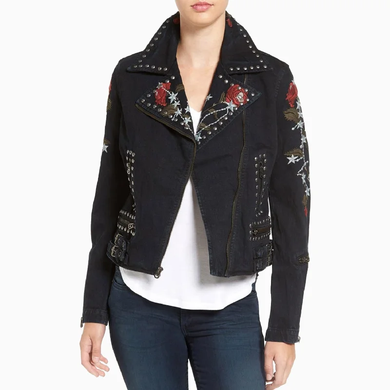 Women's Embroidered Denim Moto Jacket