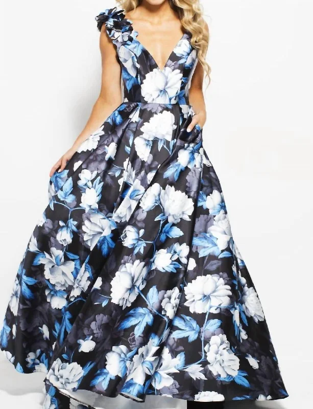 Floral Ball Gown In Black/blue