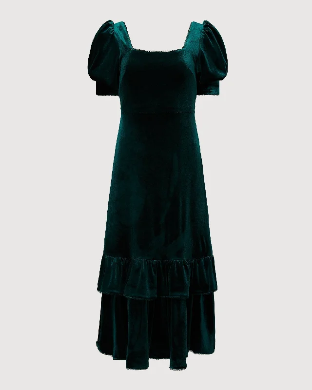 Rachel Parcell | Puff Sleeve Peplum Skirt Midi Dress | Dark Emerald