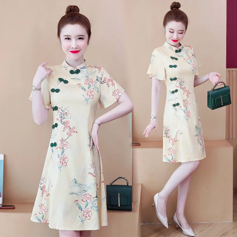 Plus Size Yellow Oriental Print Qipao Dress