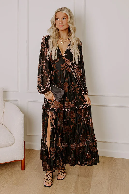 Moonlit Rendezvous Velvet Burnout Maxi Dress in Black