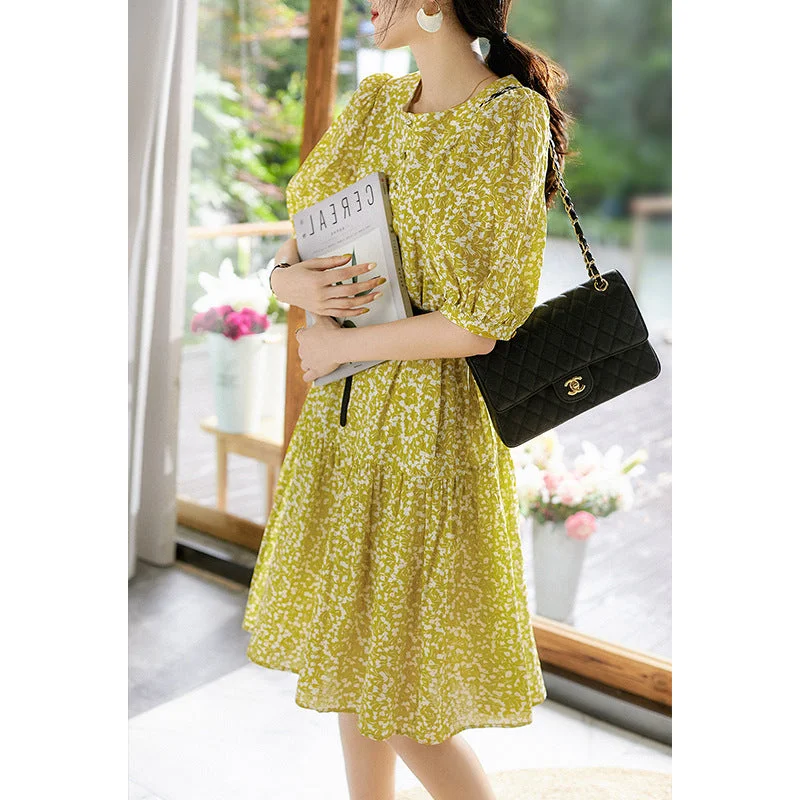 Plus Size Yellow Ditsy Floral Garden Midi Dress