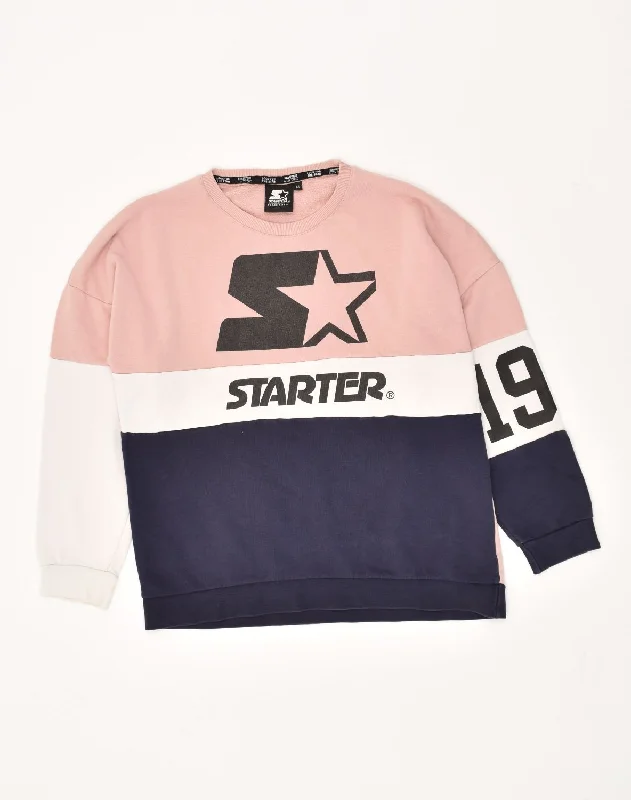 STARTER Womens Graphic Sweatshirt Jumper UK 14 Medium Pink Colourblock