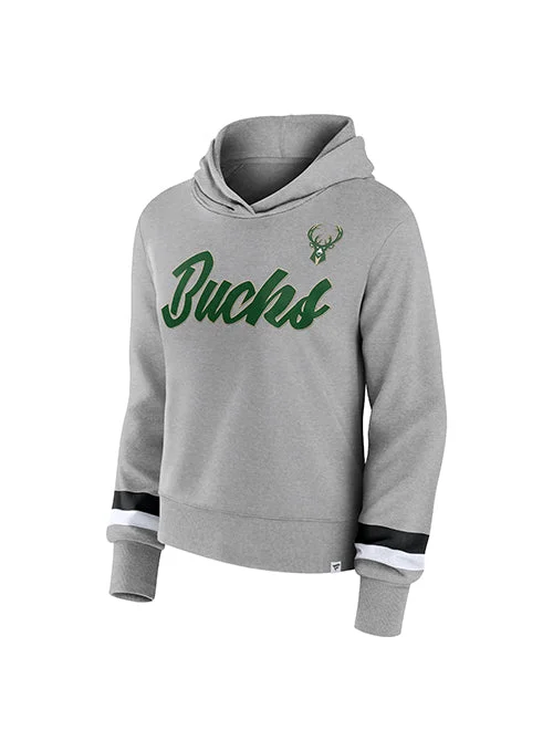 Women's Fanatics Script Grey Milwaukee Bucks Hooded Sweatshirt