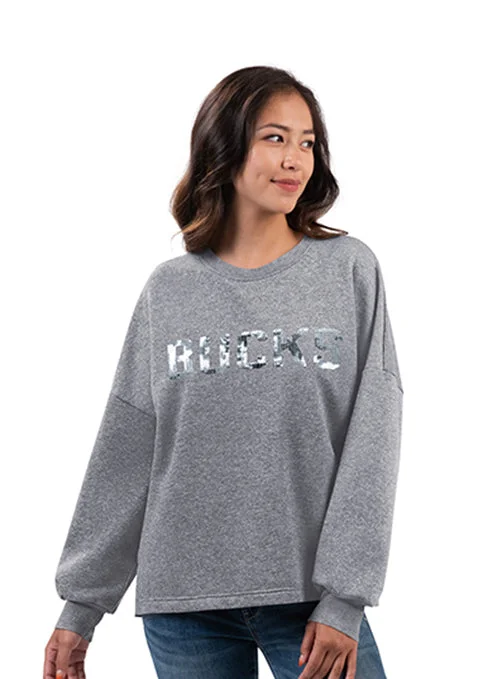 Women's G-III Shining Sequins Grey Milwaukee Bucks Crewneck Sweatshirt