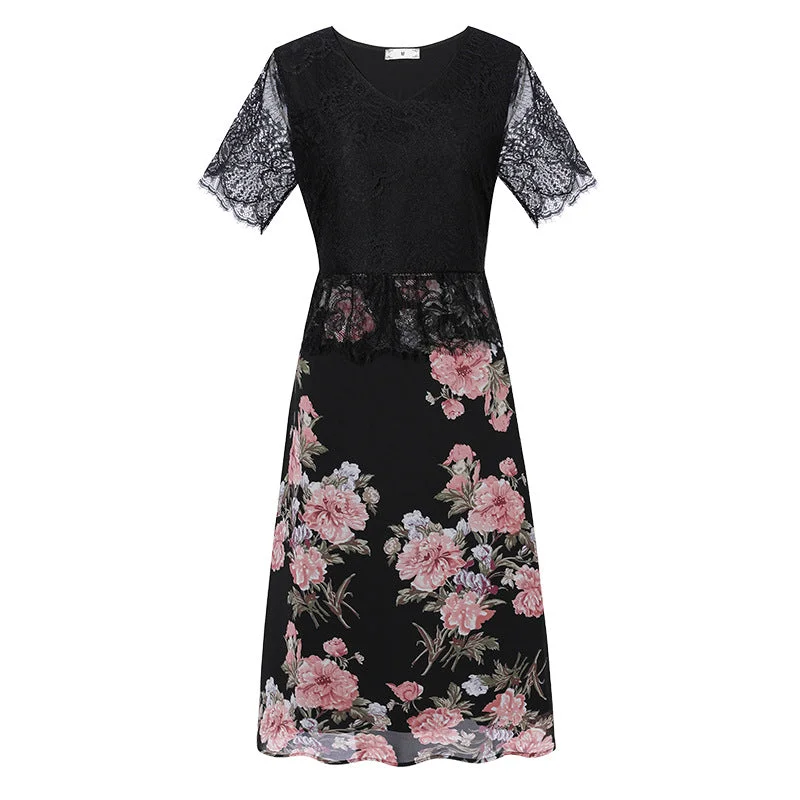 Plus Size Black Lace Peplum Floral Dress