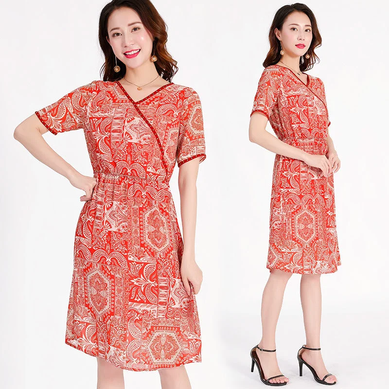 Plus Size Red Pattern Studded Wrap Dress