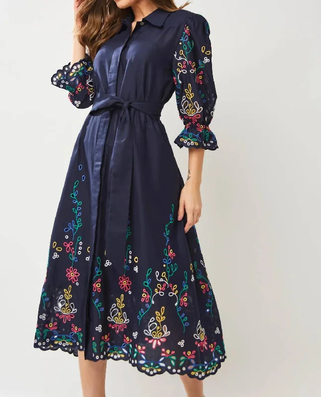 Morgana Dress With Embroidery In Navy