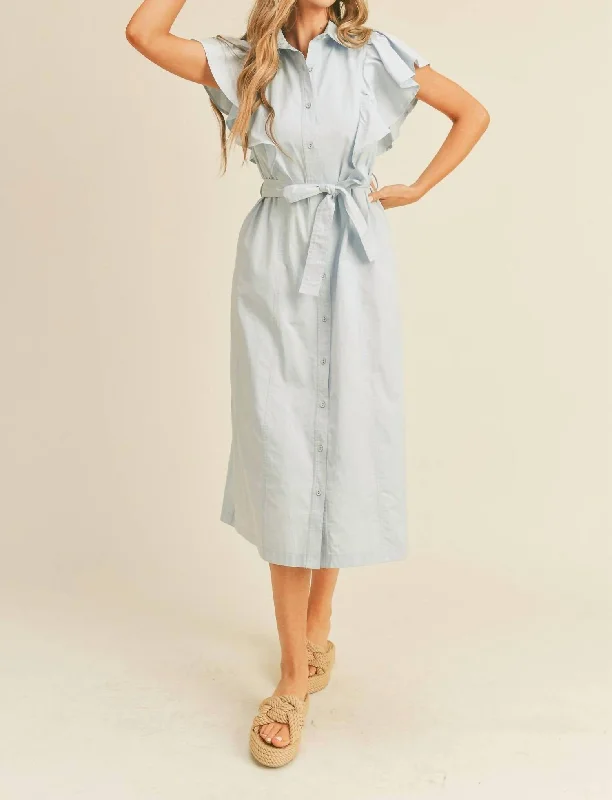 Button Down Flutter Sleeve Midi Dress In Sky Blue