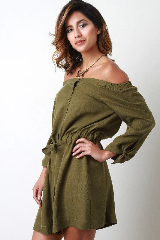 Off The Shoulder Button Up Shirt Dress