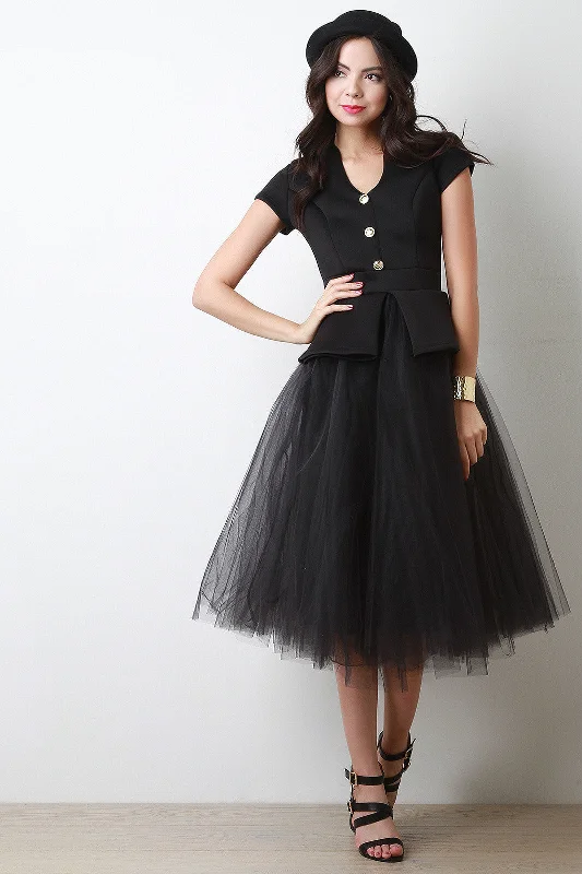 Peplum Top Contrast Tulle Skirt Midi Dress