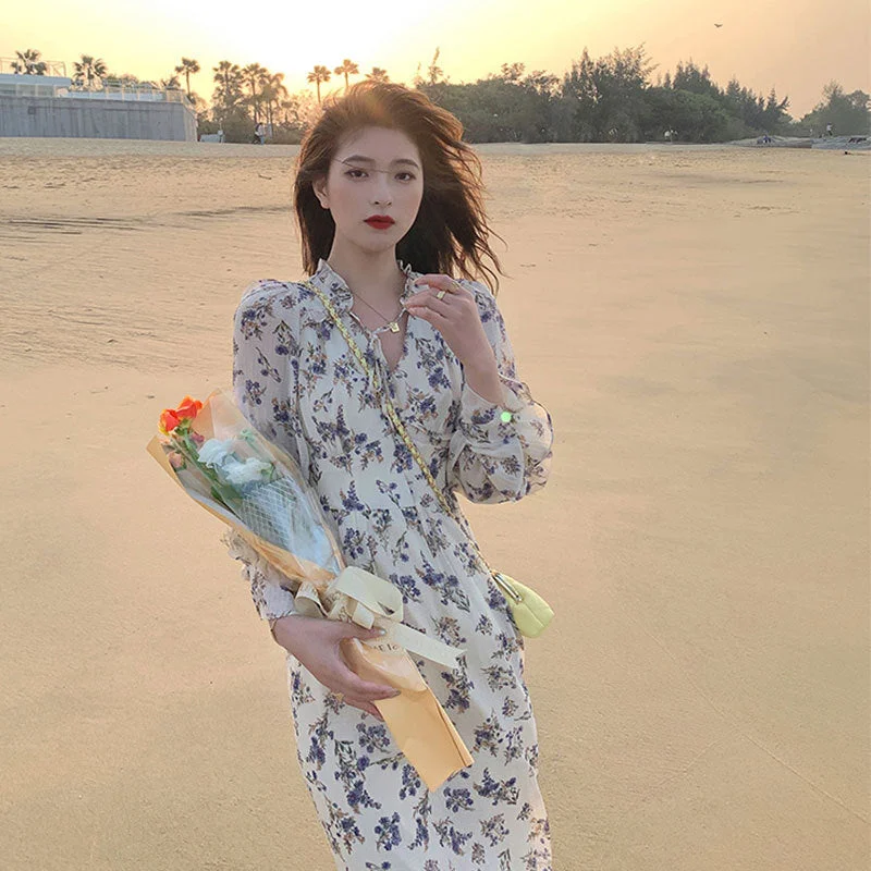 Plus Size Korean Floral Long Sleeve Midi Dress