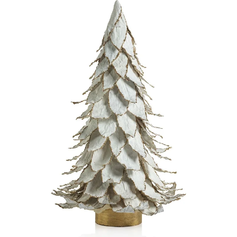 White Natural Leaf Christmas Tabletop Tree with Gold Trim