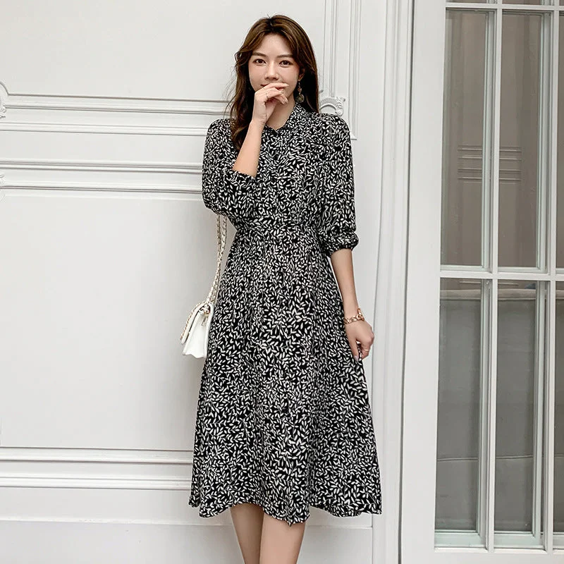 Plus Size Korean Print Long Sleeve Midi Shirt Dress