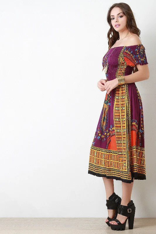 Off The Shoulder Dashiki Print Smocked Midi Dress