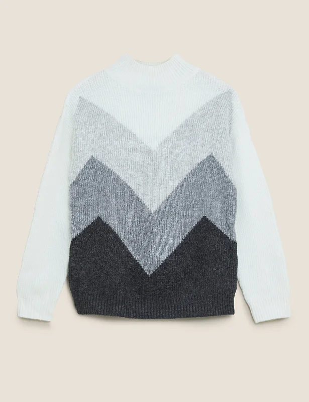 Colour Block Ribbed Funnel Neck Jumper