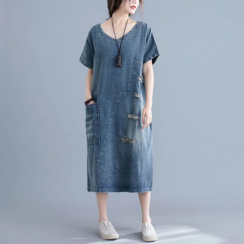 Plus size ripped denim loose midi dress