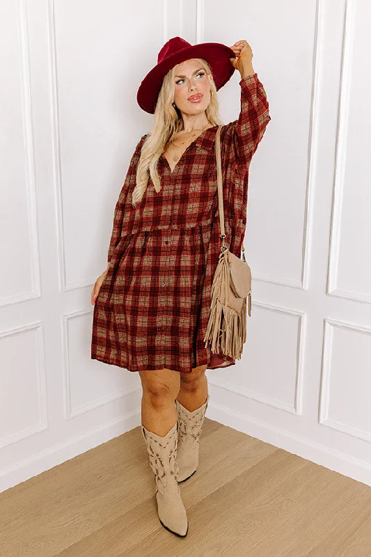 Cheery Mood Plaid Tunic Dress in Wine Curves