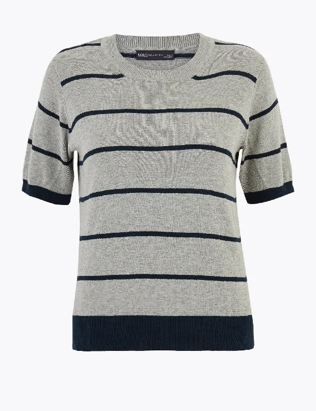 Pure Cotton Striped Crew Neck Jumper