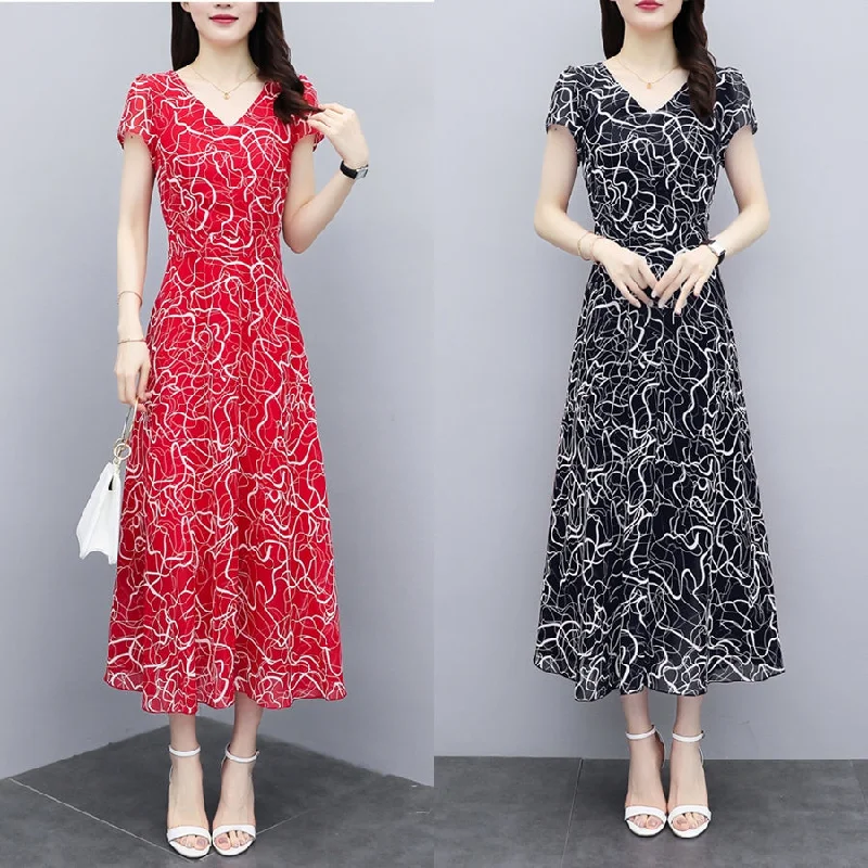 Plus Size Pattern V Neck Midi Dress