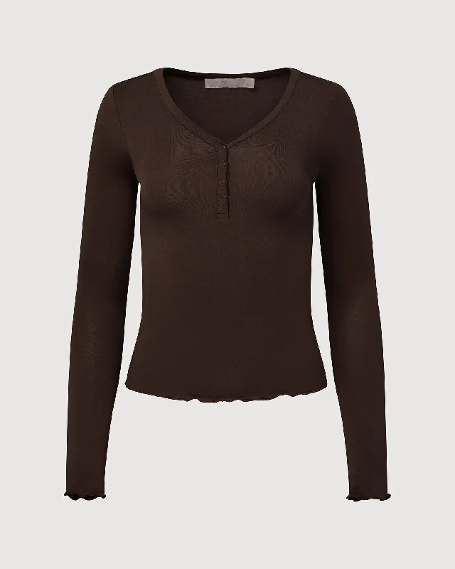 Rachel Parcell | V-neck Henley Top | Cocoa Brown