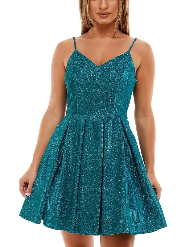 Juniors Womens Glitter Open Back Cocktail and Party Dress