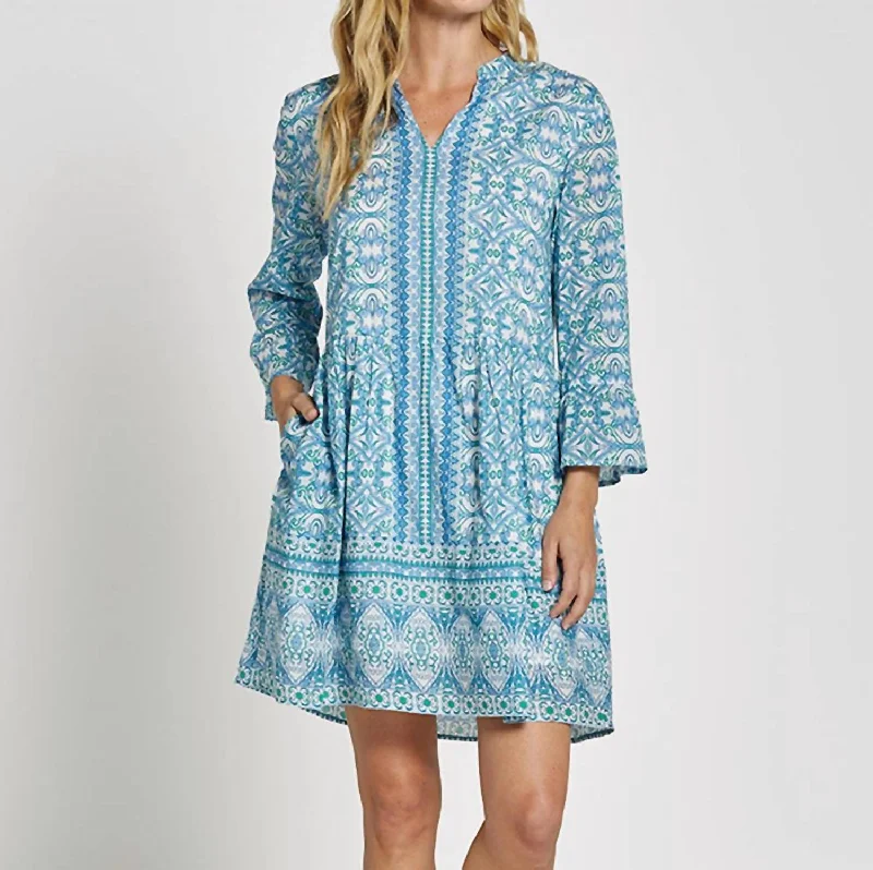 Faith-Long Bell Sleeve Dress In Calico Garden Periwinkle