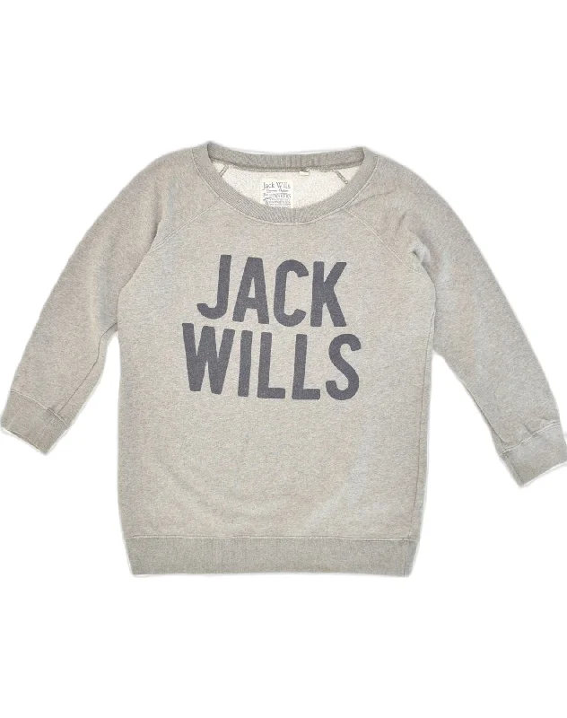 JACK WILLS Womens 3/4 Sleeve Graphic Sweatshirt Jumper UK 10 Small  Grey