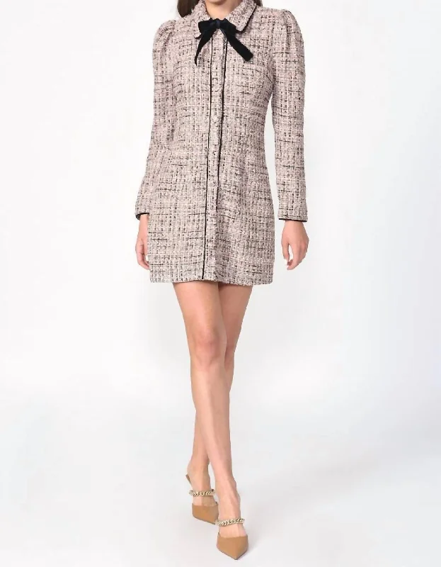 Elizabeth Tweed Button Down Front Dress In Pink