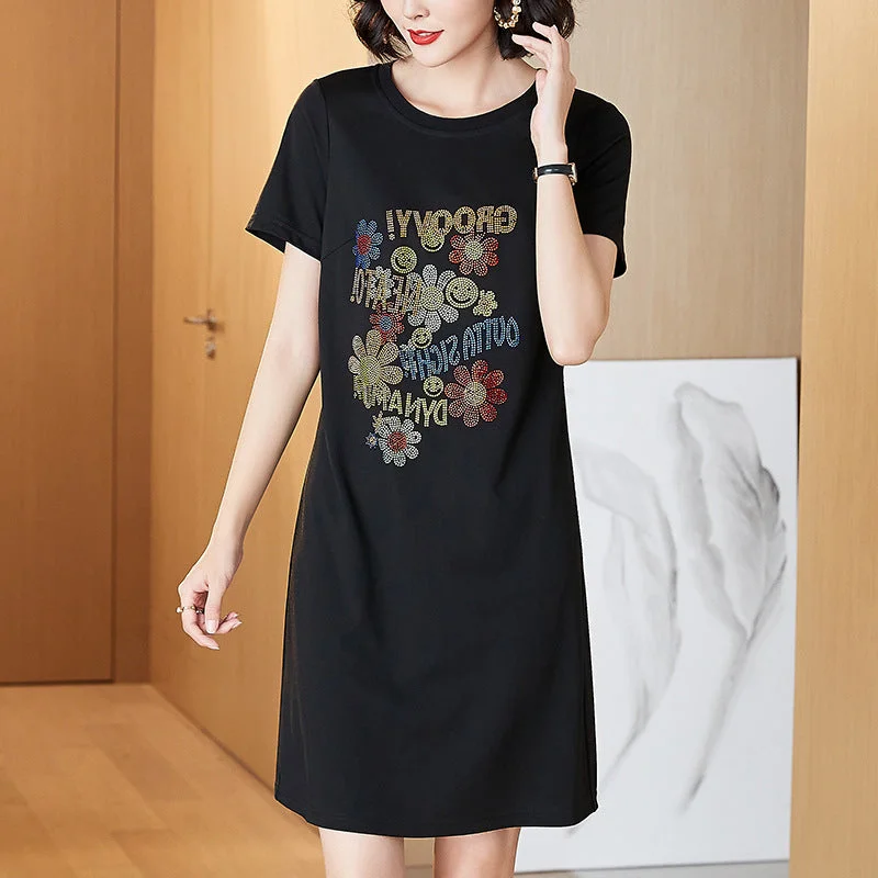 Plus Size Embellished Sunflower Short Sleeve T Shirt Dress