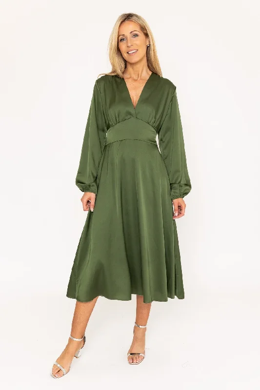 Long Sleeve Khaki Veronica Midi Dress