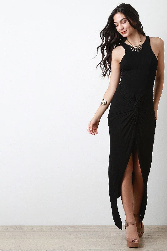 Jersey Knit Twisted-Front Sleeveless Dress