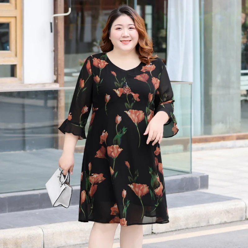 Plus Size Red Floral Chiffon Dress