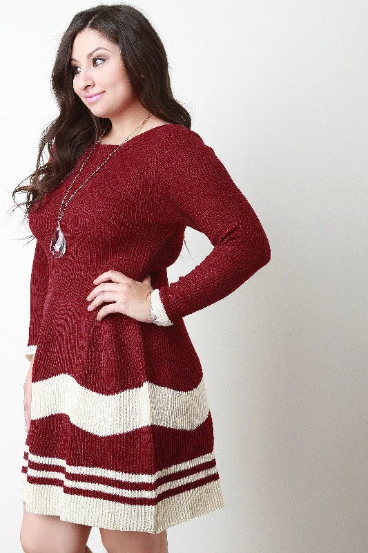 Stripe Knit Long Sleeves Fit And Flare Sweater Dress