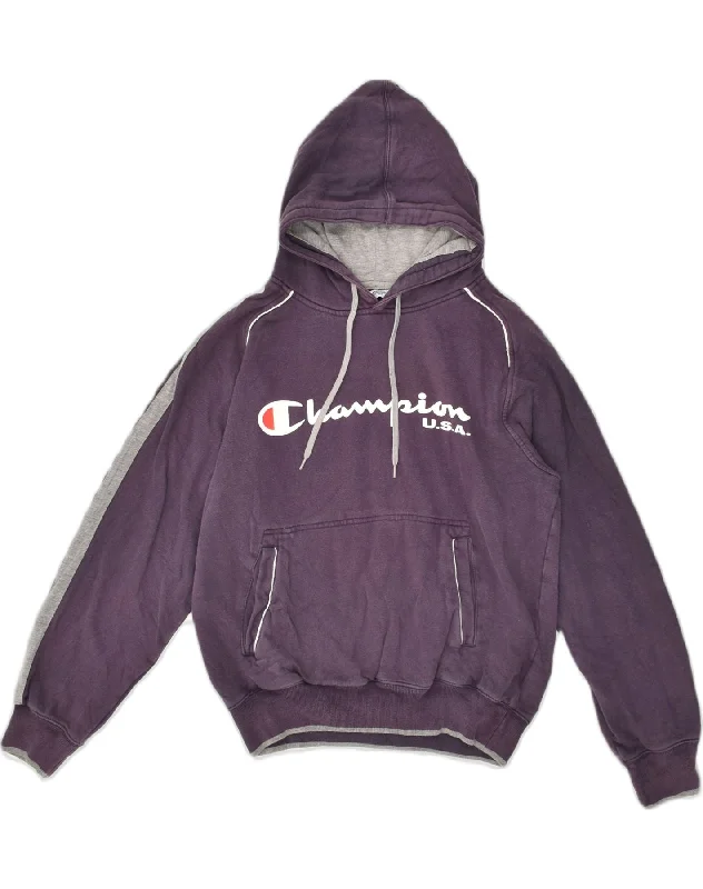 CHAMPION Womens Graphic Hoodie Jumper UK 14 Medium Purple Cotton