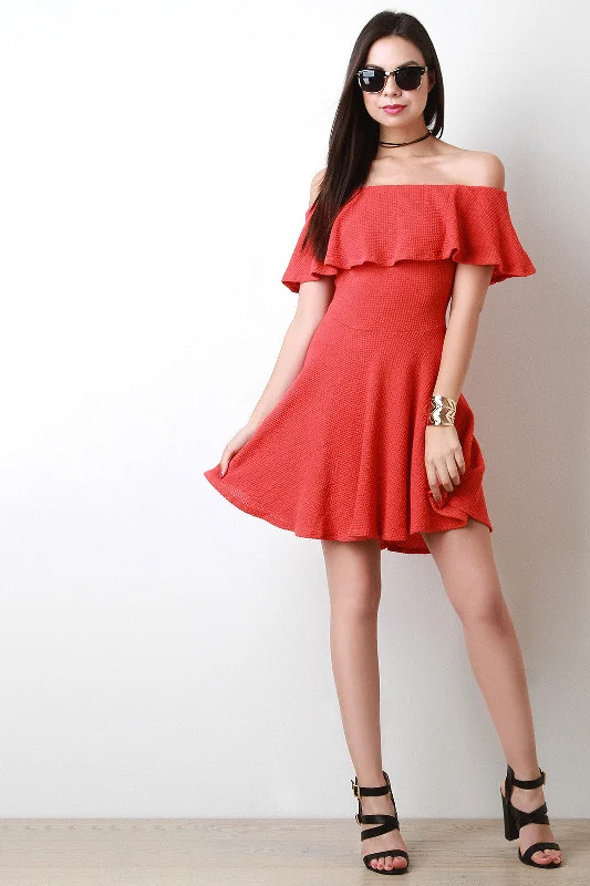 Ruffle Off The Shoulder Themal Knit Mini Dress