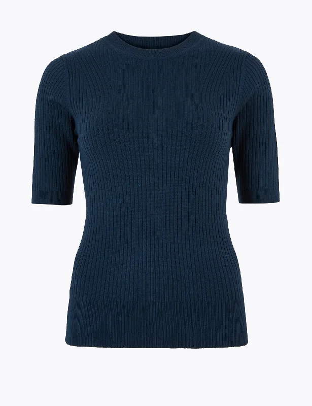 Ribbed Crew Neck Fitted Short Sleeve Jumper